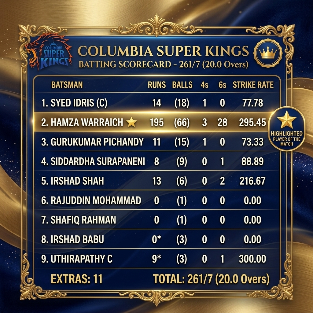Columbia Super Kings Official Batting Scorecard